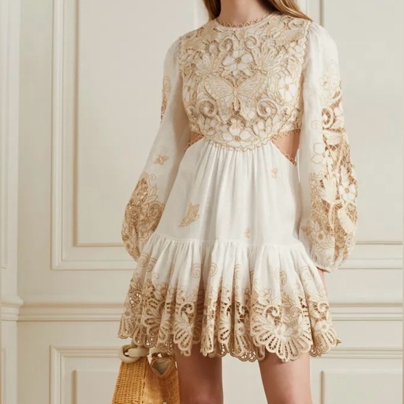 Zimmerman Jeannie Embroidered Linen mini dress in White and Gold - Picture 1 of 12